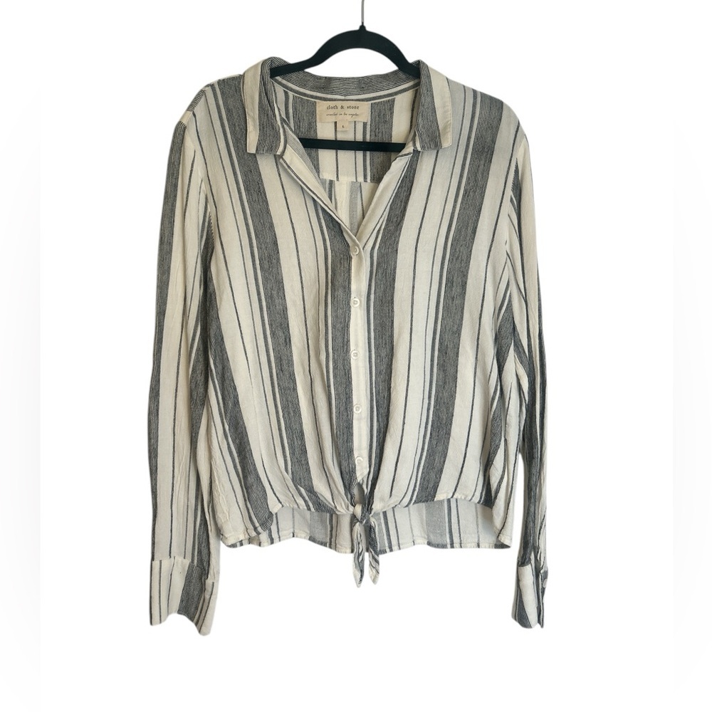 Anthropologie Striped Button-Front Tie Hem Blouse in White and Gray